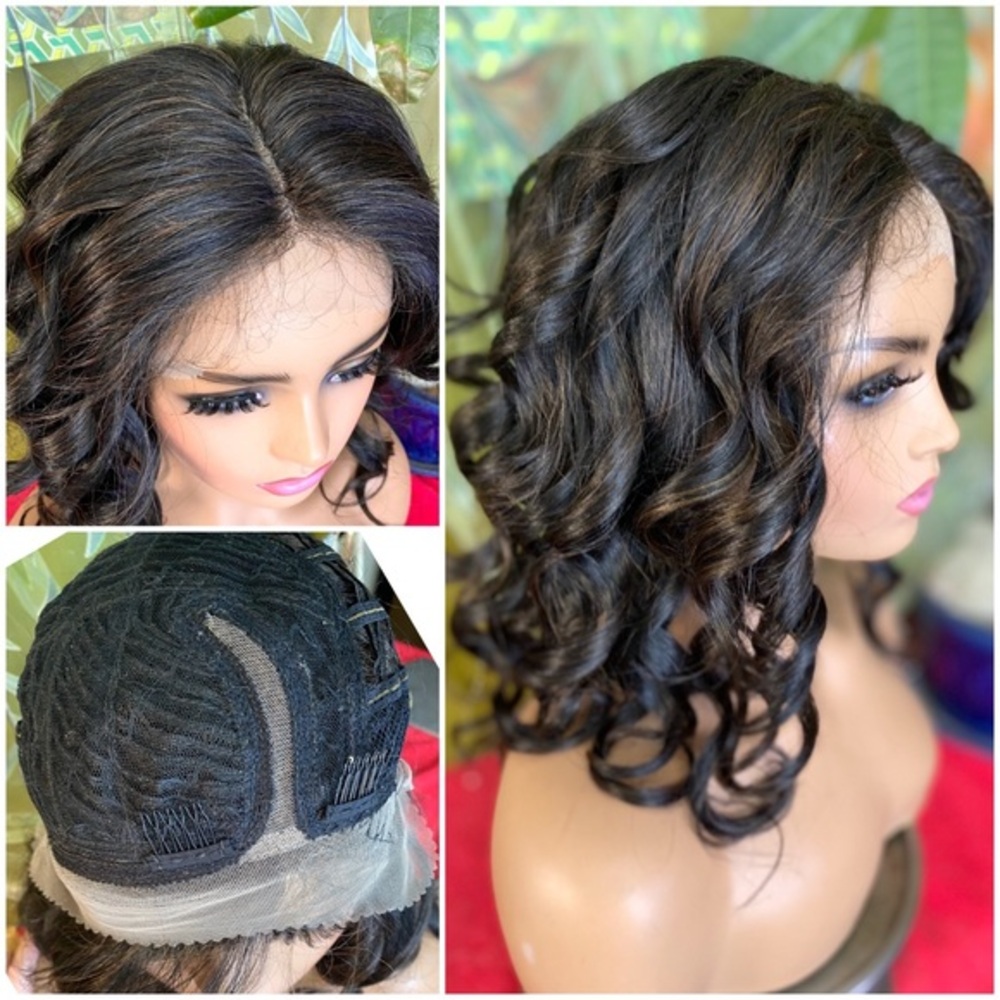 prestyled jet black lace front wig with highlights